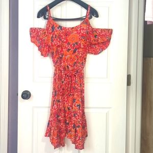 Red flower print off the shoulder with straps skirted dress.